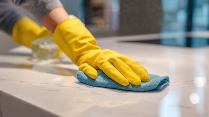 Person wearing yellow gloves cleaning surface with blue cloth