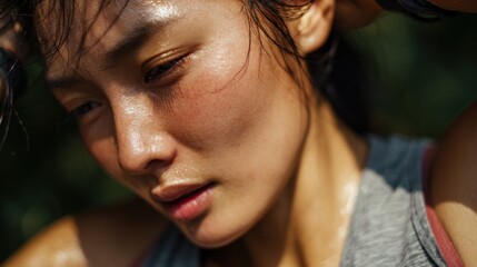 Close up of a sweaty woman after exercise with natural skin glow