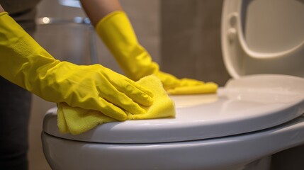 Person cleaning toilet surface with yellow cloth and gloves closeup shot