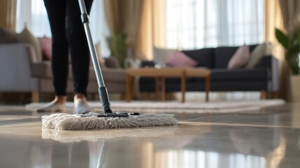 Woman cleaning floor with mop in living room interior home lifestyle