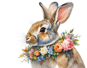 Side-View Watercolor Rabbit with Floral Wreath Around Neck, isolated
