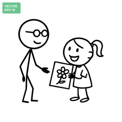 Child proudly presents a flower drawing to a smiling adult