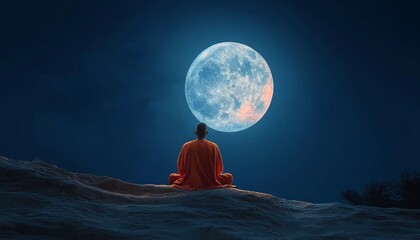 Contemplative Monk Silhouette Embracing Moonlit Tranquility for Spiritual Growth and Inner Peace