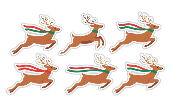 Cute Leaping Christmas Reindeer with Festive Scarves Vector Illustration Set on White Background