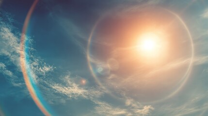 Bright sunlight with cloud formations and a rainbow effect in a natural sky