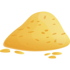 Pile of golden brown oatmeal flakes and powder in cartoon style with light casting shadows on white background and scattered flakes on the surface