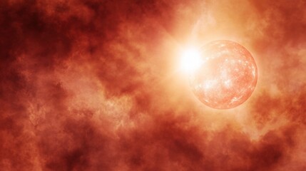 Abstract red sun with bright light and clouds space background
