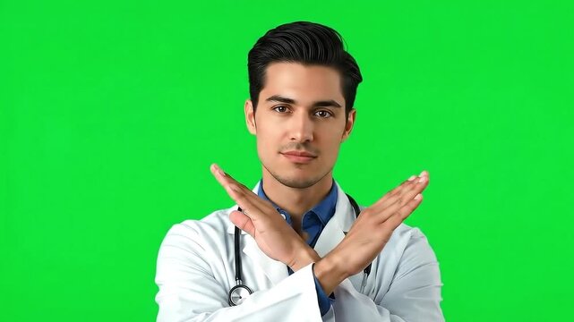 Handsome doctor shaking his head while posing with his two arms crossed. A gesture of saying no or stop. Isolated on green screen background.