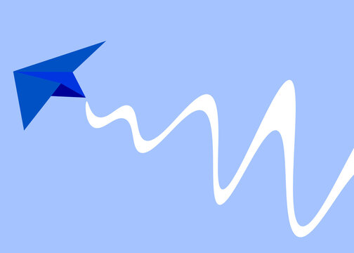 Blue paper plane flying with a wavy path on minimal background