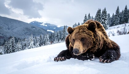Large brown bear rests in snow, forest and mountains in background