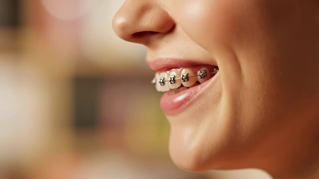 Woman showing happy smile with orthodontic braces. Dental correction and healthy teeth concept video.