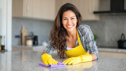 Woman cleaning kitchen counter with gloves and smiling in kitchen