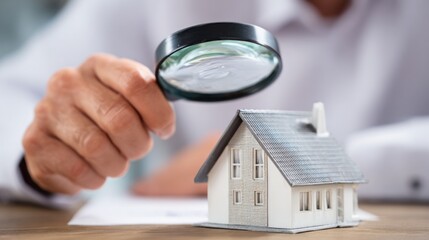 Examining a miniature house through a magnifying glass for property inspection