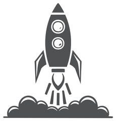 Stylized Rocket Ship Launching with Exhaust Smoke Graphic in Gray Scale