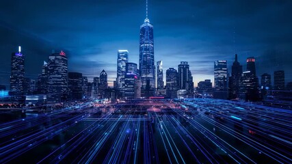 Emerging blue and violet light streaks converging on central tower at waterfront, showing data flow - Powered by Adobe