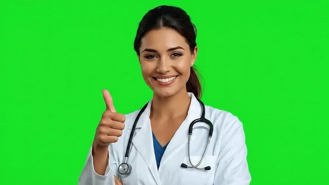 A female doctor giving a thumbs up hand sign. Isolated on green screen background.