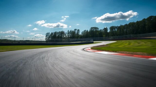Panning camera showing curving asphalt track at wooded circuit, featuring kerbstones and barriers