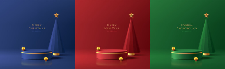 Plakat Set of Christmas 3D cylindrical podium background in red, green, blue color wall scene. Minimalist mockup pedestal. Abstract product display presentation, Stage for showcase. Platforms vector design.
