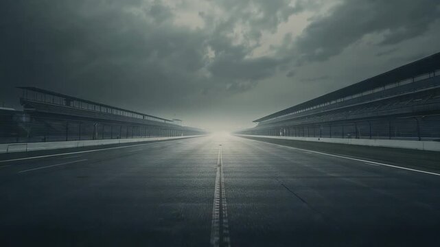 Foggy morning view spurring camera gliding along circuit main straight, grandstands framing road - Powered by Adobe