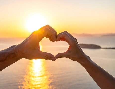 Hands forming a heart as the sun sets over a tranquil sea