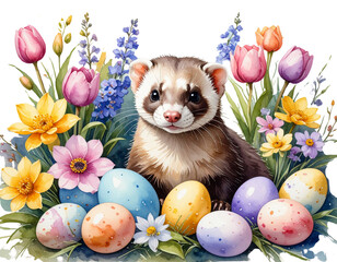 Spring Ferret with Flowers and Easter Eggs, watercolor clipart, isolated