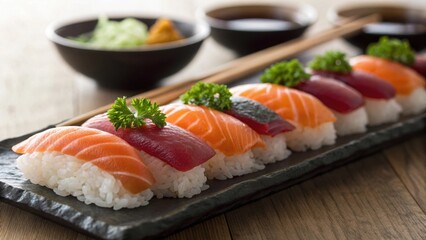 A closeup of a platter of assorted sushi with chopsticks and dipping sauce