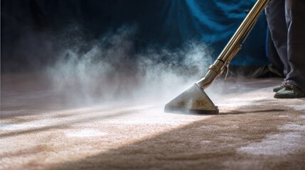 Professional carpet cleaning with steam and tools close up on the process