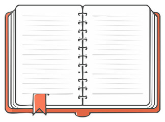 Opened wire bound notebook with lined pages and a red bookmark ready for writing or sketching