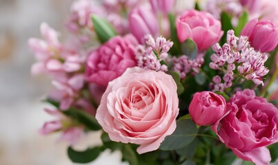 close up of a beautiful romantc bouquet of pink flowers