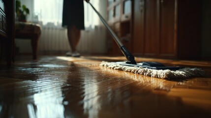 Woman cleaning floor with mop in a room natural light housekeeping
