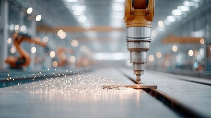 Close Up Industrial Shot of a Yellow Robotic Arm Performing Metalwork with Sparks Flying in a Modern Factory Setting with Bokeh Lights in the Background