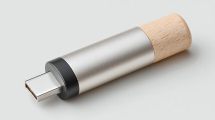 Close Up Isolated Photo of a Sleek Black and Silver USB-C Flash Drive with a Textured Beige Cap Against a Neutral Light Gray Background