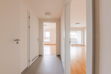 Bright and spacious hallway leading into a large living area in a modern apartment during daylight hours