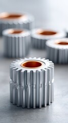 Close Up Macro Industrial Photography of Shiny Silver Mechanical Gears with Copper Inserts on a Textured Gray Surface with Soft Studio Lighting