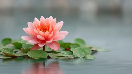 Close-up Macro Of A Delicate Pink Lotus Flower With Water Droplets Floating On A Calm Pond With Green Lily Pads Soft Blue Water Background Detailed Petals Vibrant Color