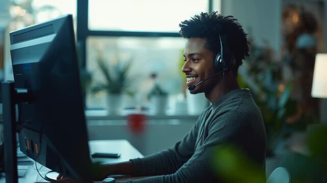 Receiving customer call, rep wearing headset typing keyboard smiling laughing at desk, with monitor