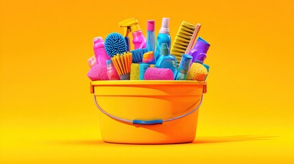 Cleaning supplies in a bucket on yellow background studio shot