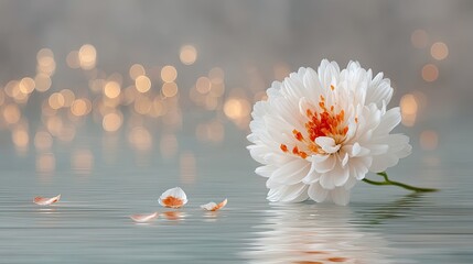 Close up Macro Photo of a White Daisy Flower with Orange Center Floating on Rippling Golden Water with Soft Bokeh Lights in Background