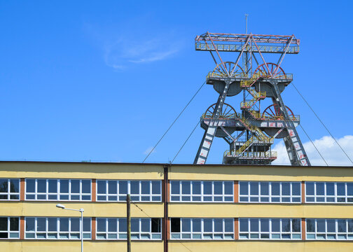 Mining tower and building at coal mine in Silesia Poland on sunny day