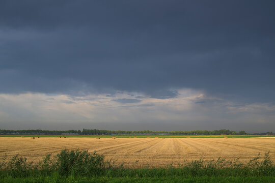Thunderclouds over Dutch farmland field at early morning
