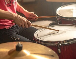 Hands playing a drum set. Wooden drumsticks in action, rhythm