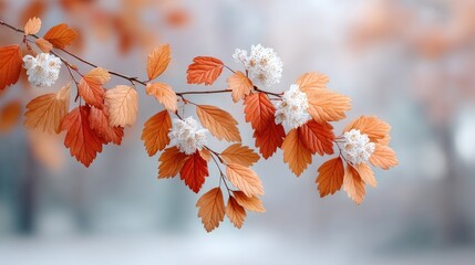 Autumn leaves tinged with orange and brown gently dusted with white frost on a tree branch in soft natural light with a blurred background