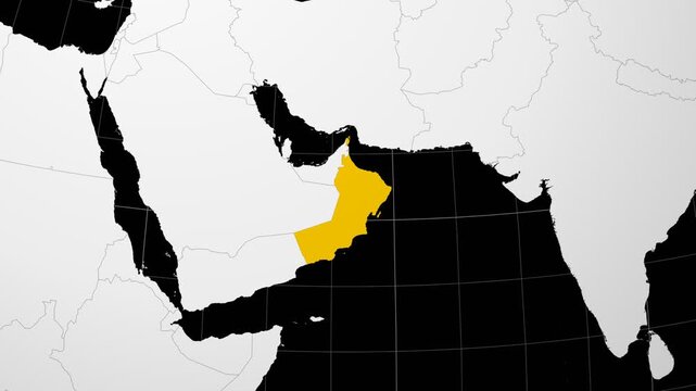 Oman map. Animated zoom into the country on the Globe in Black White color palette. Country logo animation. Map with meridians, parallels. Neat video.