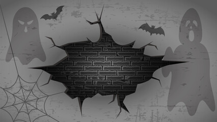 Spooky Halloween background featuring cracked wall with dark bricks, ghosts, bats, and spider web. Grunge horror design perfect for Halloween posters, party invitations, and dark-themed projects.