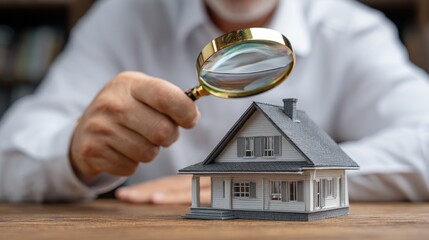 Person examines model house with magnifying glass conceptual photography