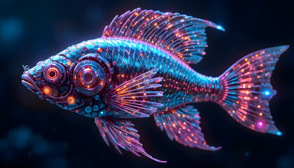 A digitally rendered bioluminescent fish featuring glowing blue, purple, and orange hues. The intricate patterns and luminous details evoke a futuristic and otherworldly marine species.