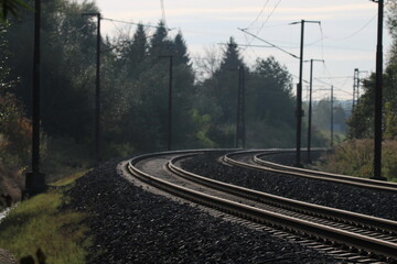 Autumn sunset on railway tracks - Czech Republic, Europe
