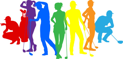 Silhouette golf player set. Active golfers golfing sports people healthy players fitness silhouettes concept.
