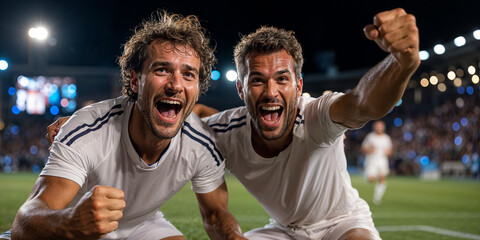 Two football players in pure white uniforms celebrating a goal under stadium lights