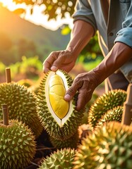 Hands reveal a durian's creamy interior in a sunny field setting